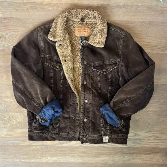 VTG 90s Abercrombie Fitch Corduroy Trucker Jacket Sherpa Lined Brown Men Medium - Picture 2 of 11